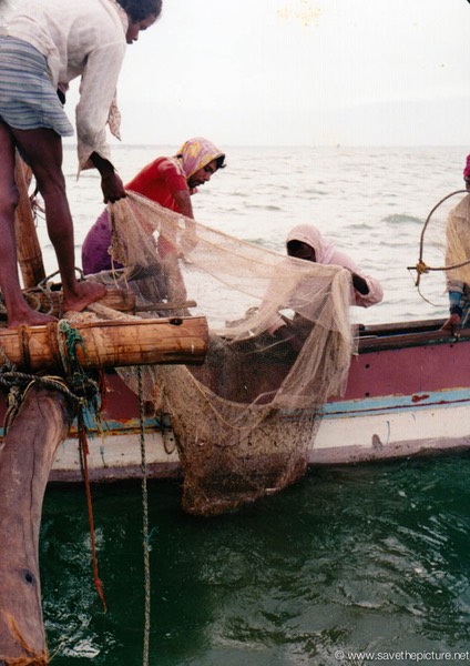 Sri Lanka catamaran art, inspecting the nets