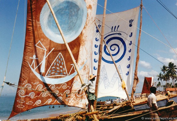 Sri Lanka catamaran art brown blue sails